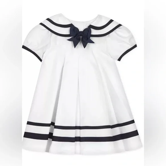 Rare Editions Girls Sailor Dress White with Navy with Bow. - Picture 2 of 11